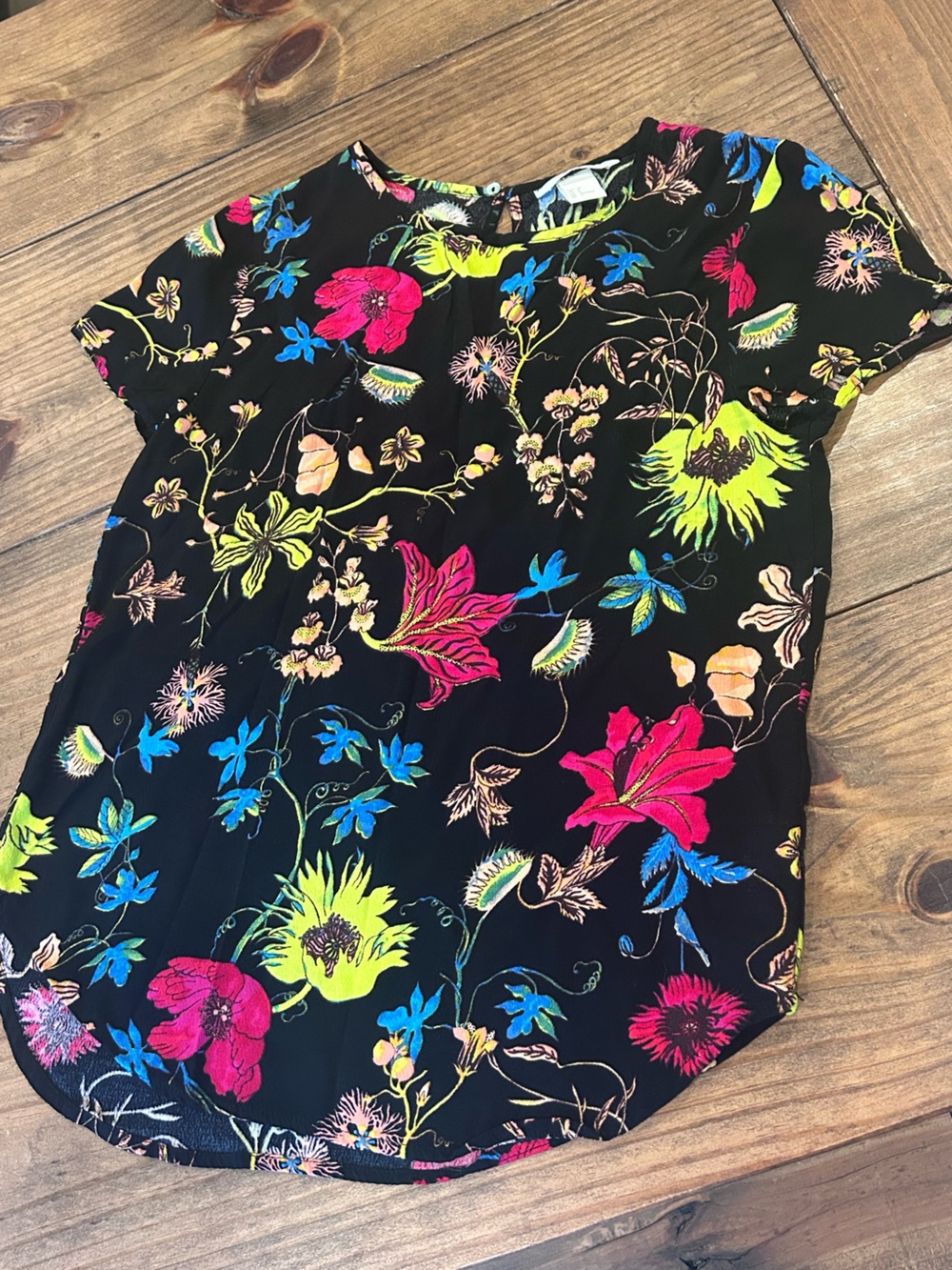 H&M Black Floral Short-Sleeve Dress with Bright Multi-Color Blooms